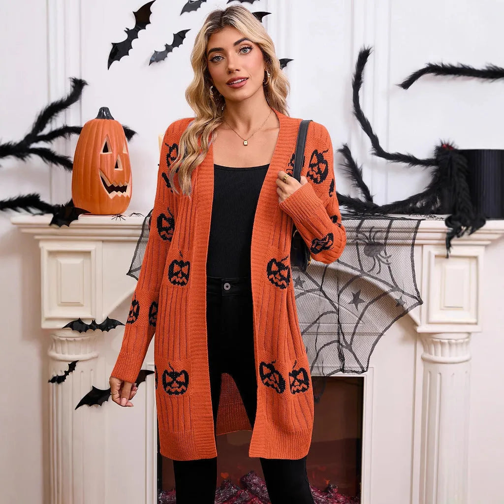 Women's black Halloween cardigan with orange pumpkin head jacquard pattern knitted design
