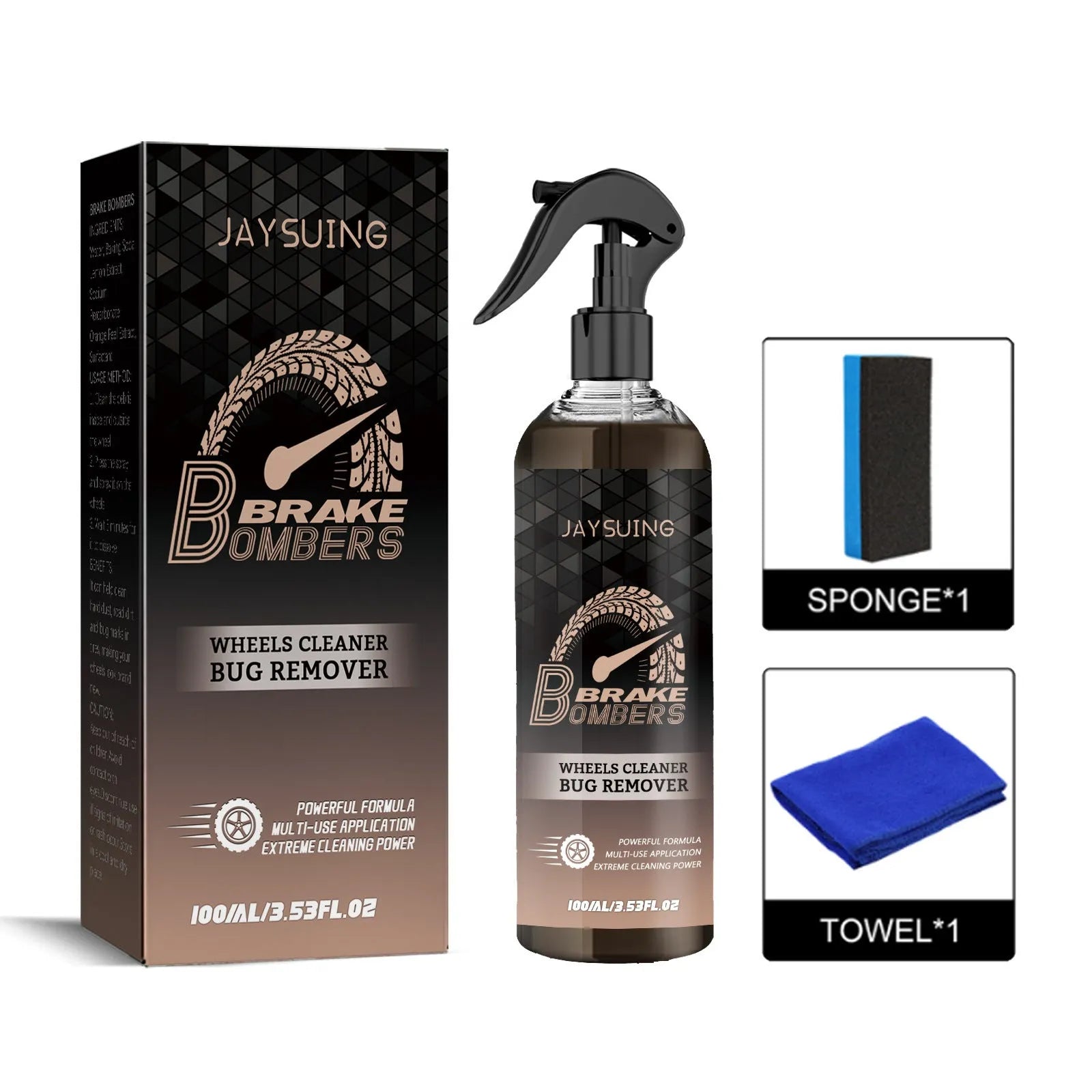 100ml car brake disc cleanser bottle with sponge and microfibre cloth for rust removal.