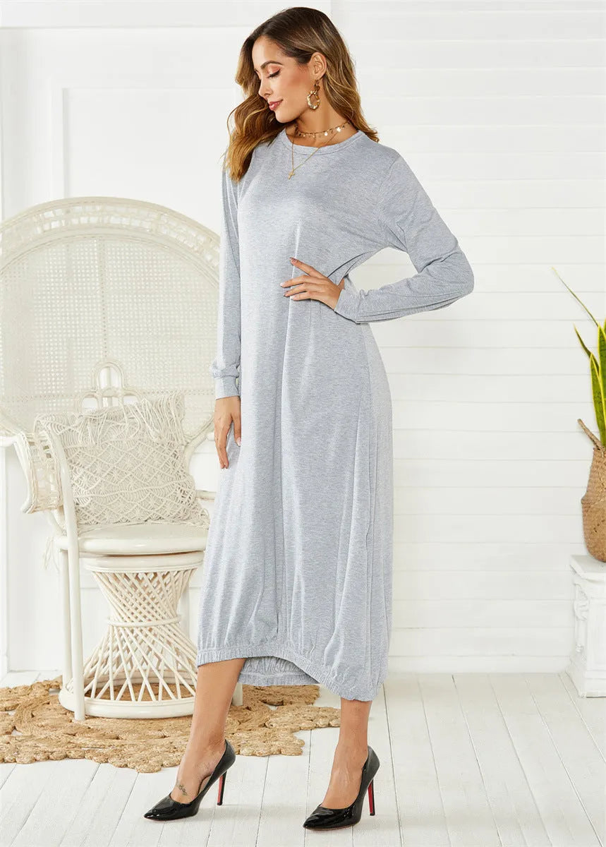 Black loose lantern dress with lace-up crew neck, polyester knit fabric, Japanese Korean casual style