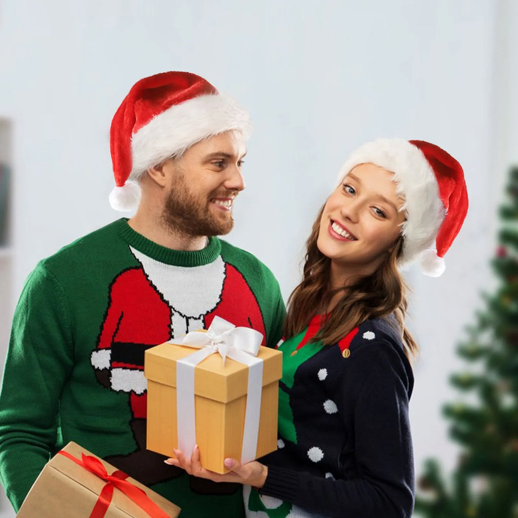 Red and white LED light up Santa hat with pom-pom, showing multicoloured twinkling lights on soft spandex material.