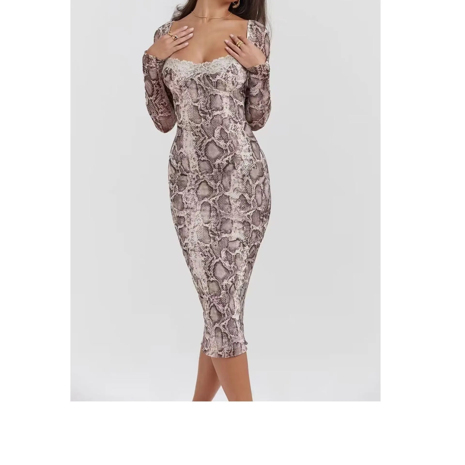 Grey digital printed women's dress with 3D effect pattern, slim fit design, A-line skirt and long sleeves