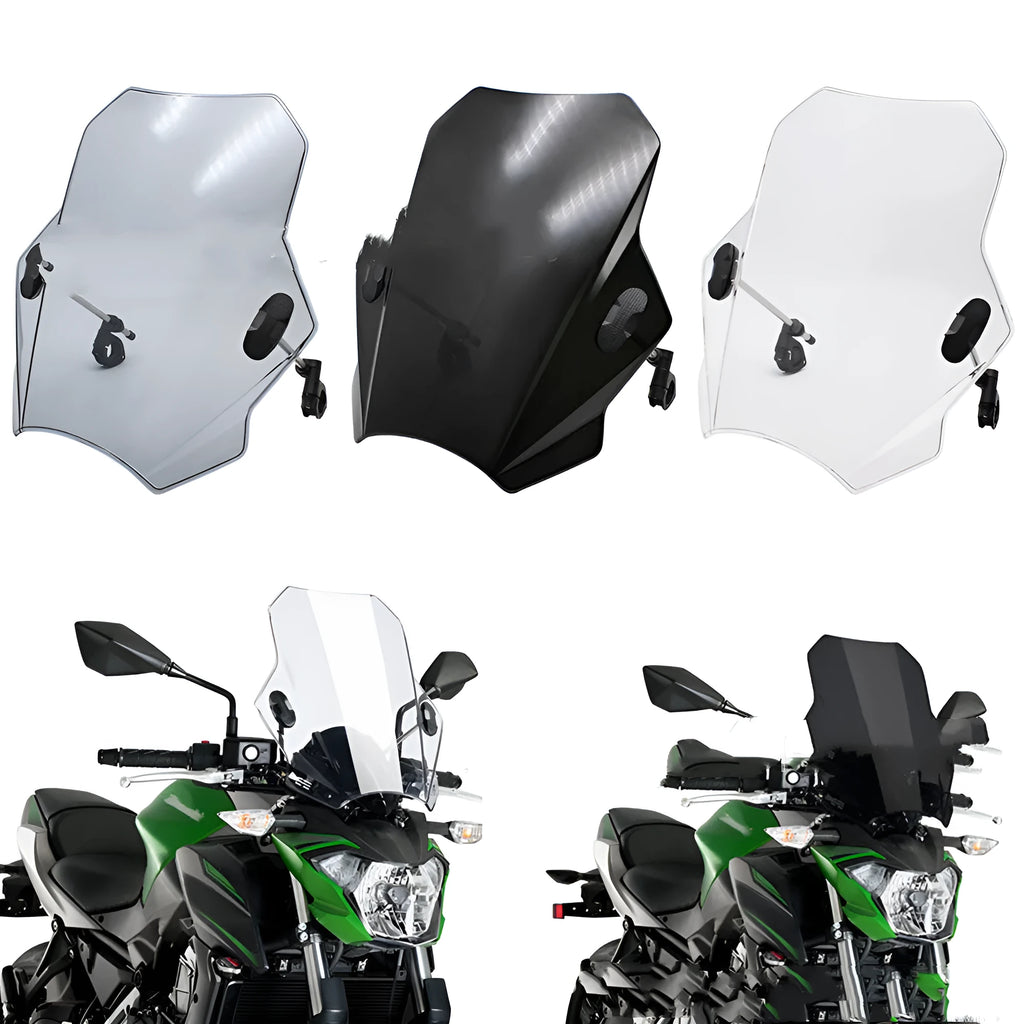 Universal motorcycle windshield made of ABS plastic in smoke colour, fitted on handlebars