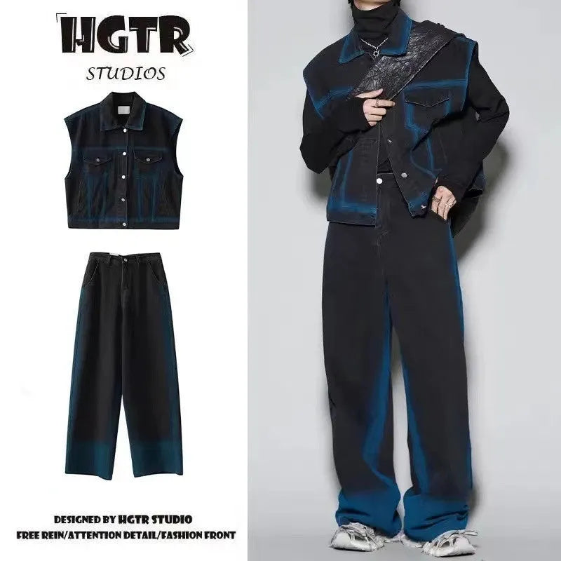 Blue distressed vest and jeans set with colour gradient spray effect and fleece lining