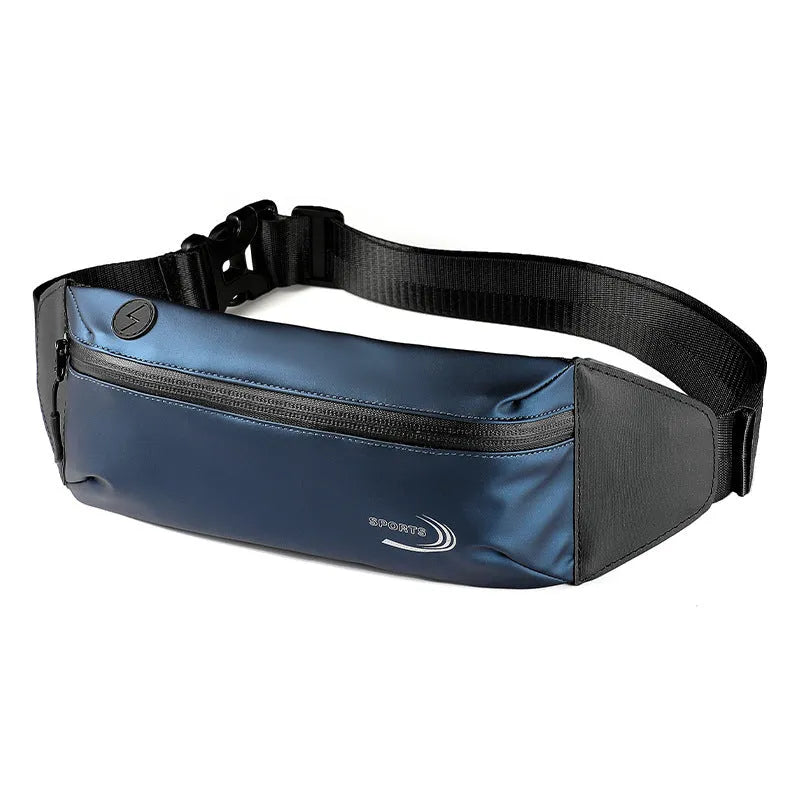 Men's solid-colour waterproof sports waist bag in Derm Oxford polyester, shown in blue, black, or grey
