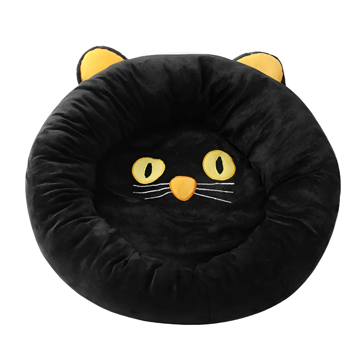 Black cat shaped velvet pet nest bed with raised edges for head support