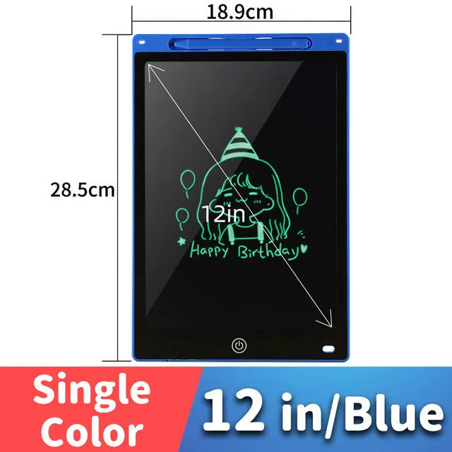 LCD drawing tablet for kids in light blue, showing colourful lines drawn with a plastic stylus.
