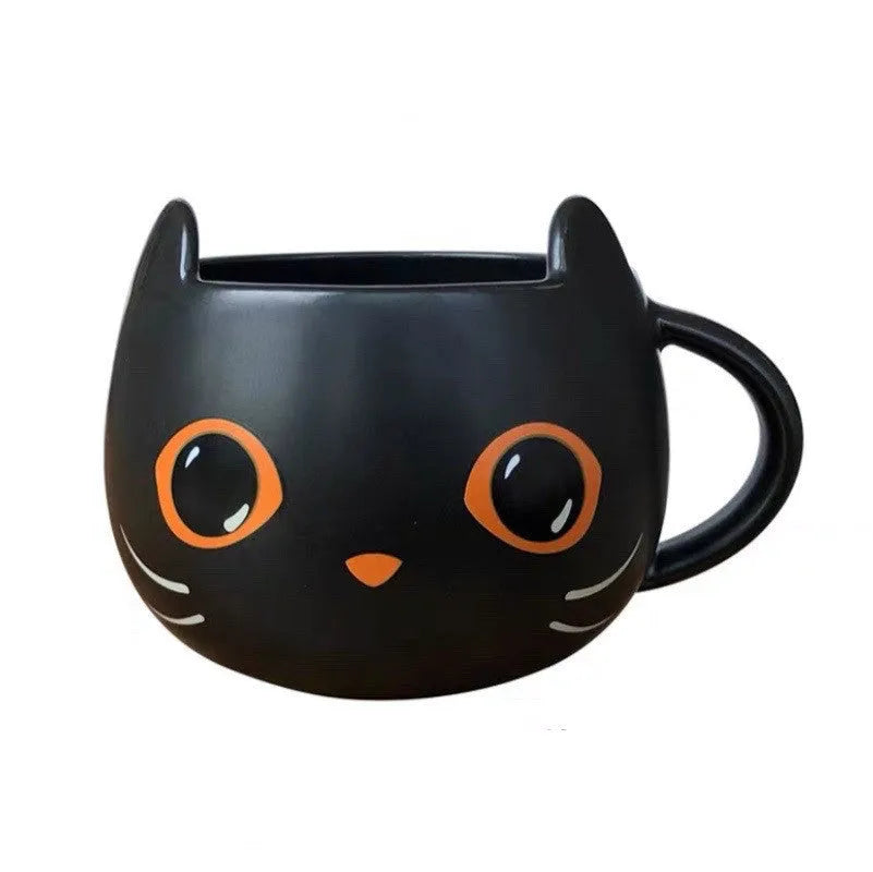 Black ceramic cat-shaped mug with pumpkin and spoon lid design for couples
