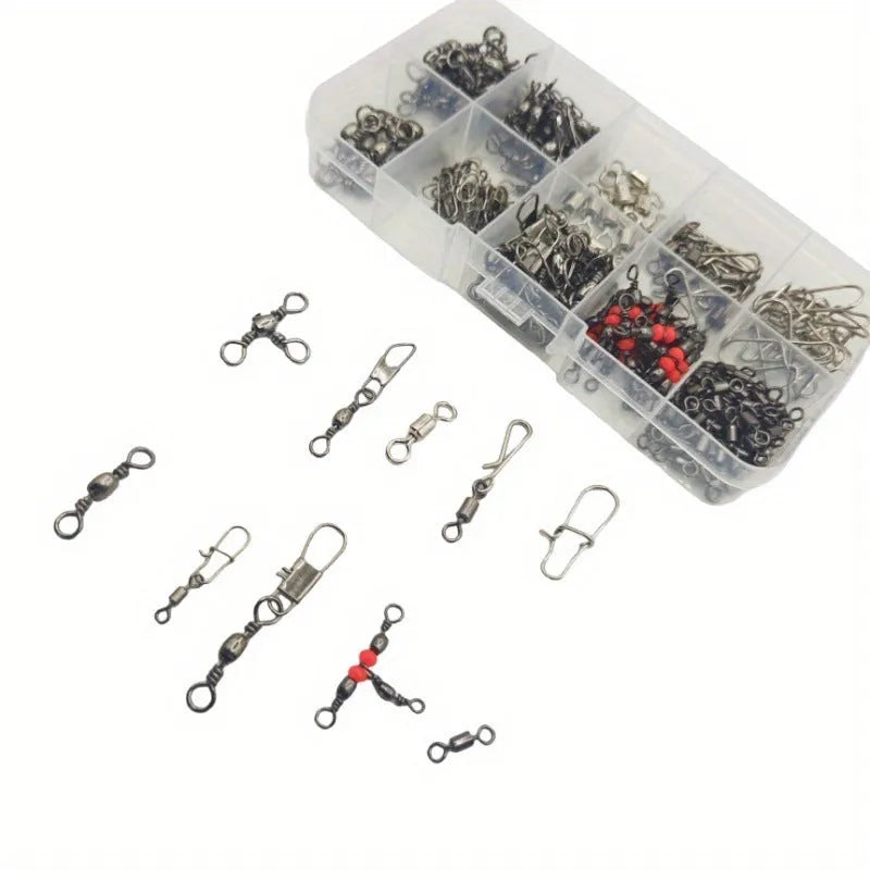 Boxed set of 175 ball bearing metal fishing connectors in a divided storage box