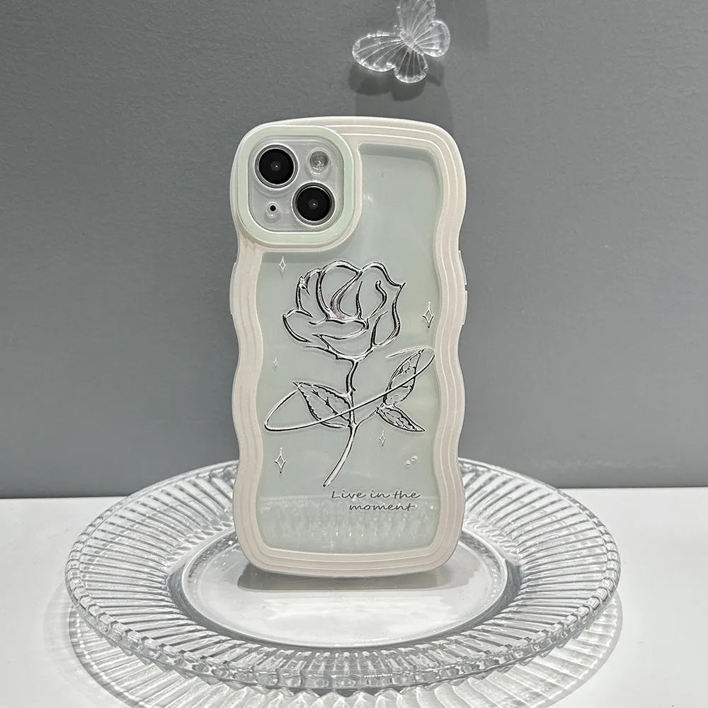 Clear black rose TPU phone case with big wave silicone texture for iPhone showing back view