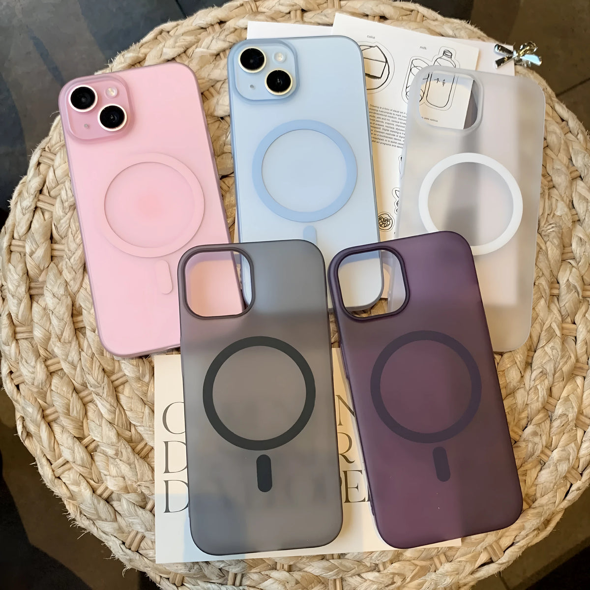 Ultra-thin frosted PC magnetic phone case with built-in magnet, shockproof design, in Ice Mist Black, for iPhone 12-17 series.