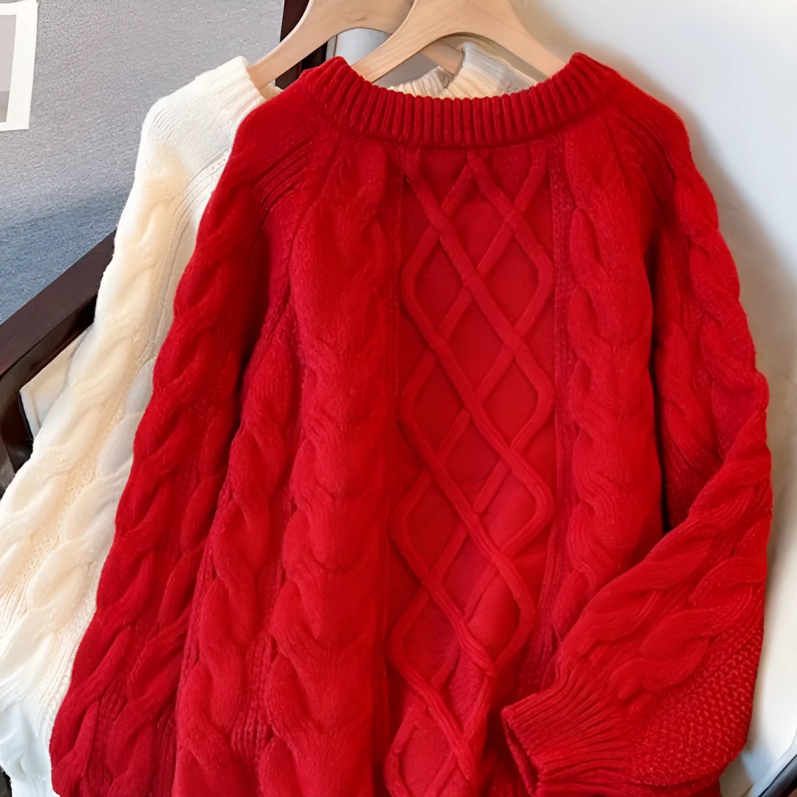 Women's Japanese loose casual knit sweater in solid beige colour, front view