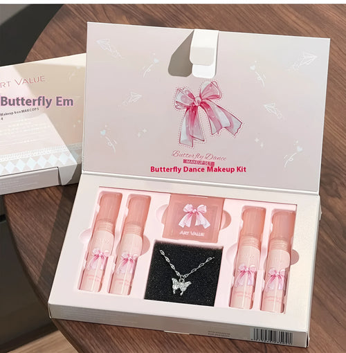 Butterfly Coloured Box Suite make-up set with pink cosmetics, four lip muds, blush and necklace