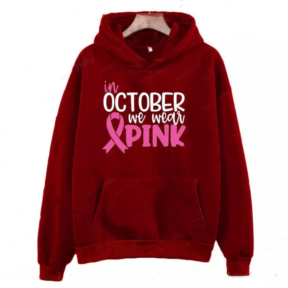 Retro patterned hoodie sweatshirt with side seam pockets in pink colour