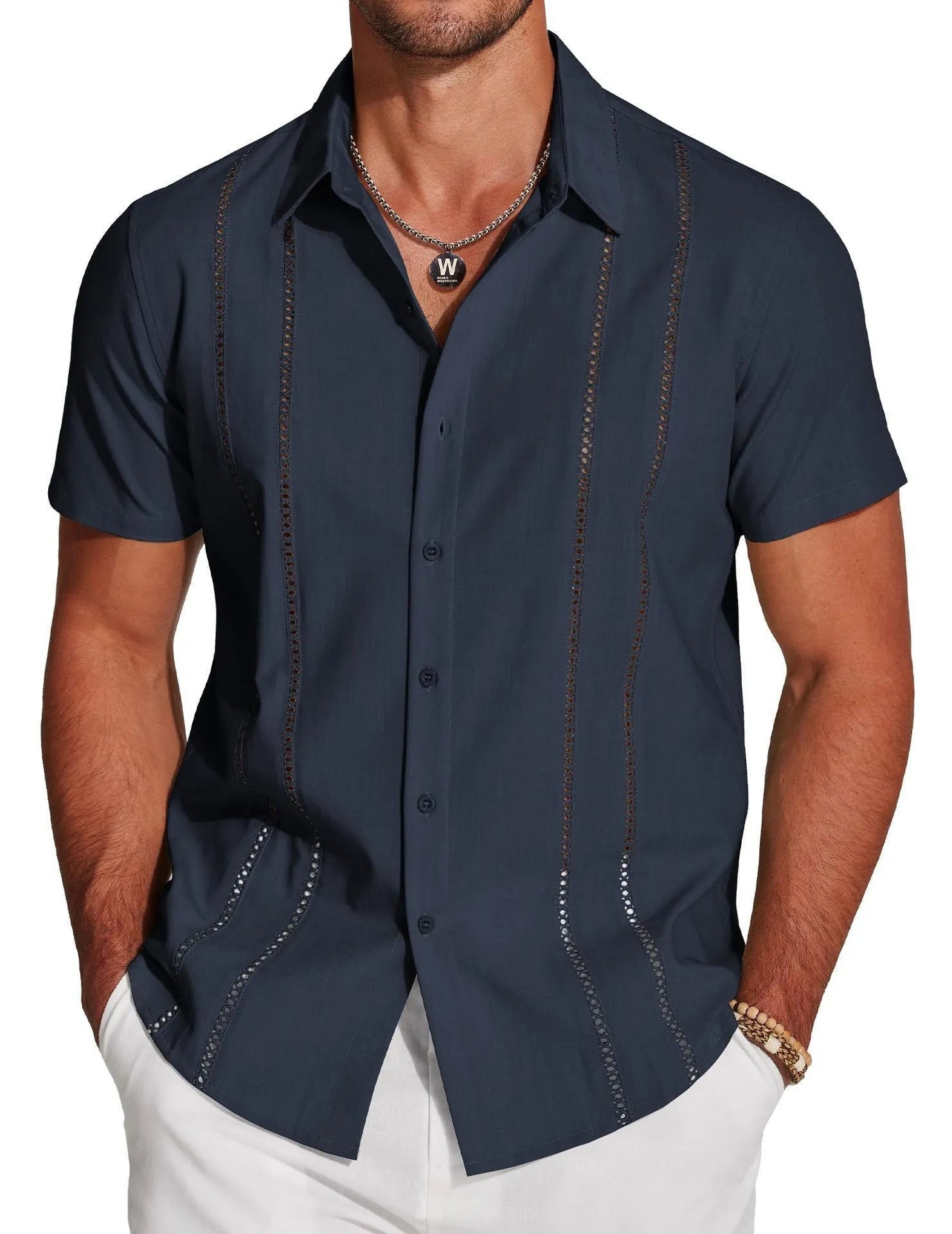 Men's slim fit Hawaiian short sleeve shirt with digital print pattern and elastic band detail.