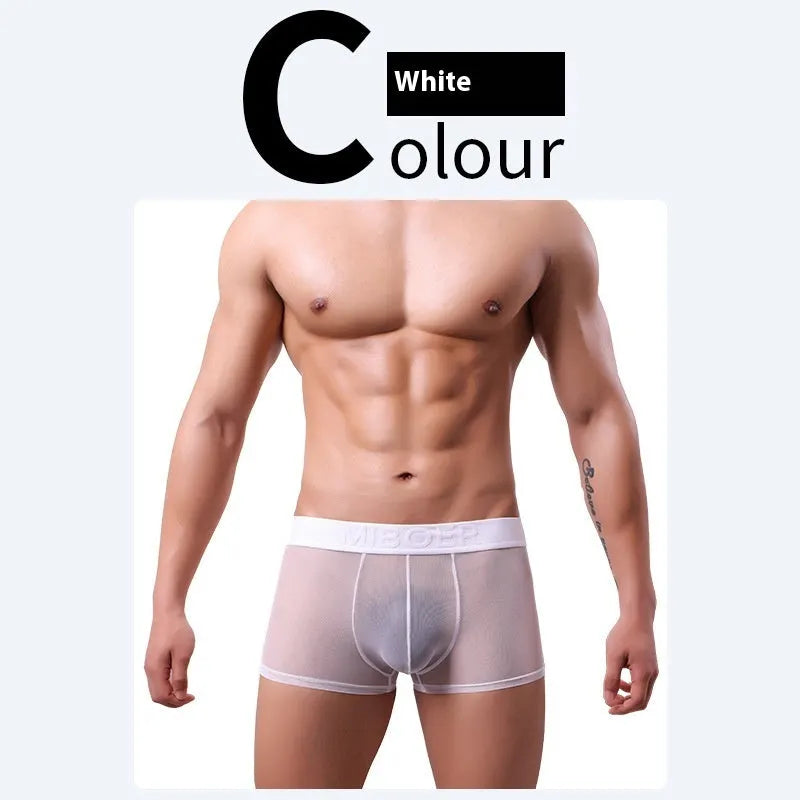Men's thin invisible boxer shorts in quick-drying polyester fabric on a colour swatch showing black, white, blue, green, pink, and beige.