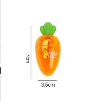 Carrot-shaped plastic pencil sharpener with 7cm handle in carrot colour