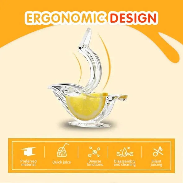 Clear acrylic bird-shaped manual lemon juicer on a kitchen counter