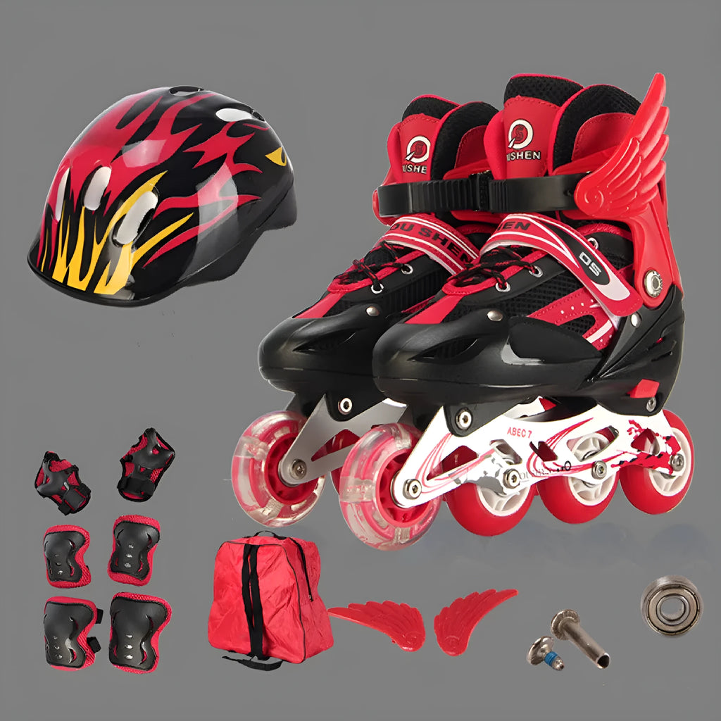 Adjustable children's roller skates in yellow with aluminium frame, PU foam wheels, and included helmet and protective gear.
