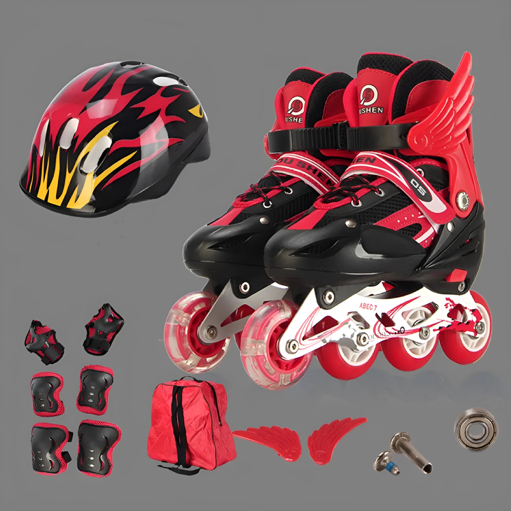 Adjustable children's roller skates in yellow with aluminium frame, PU foam wheels, and included helmet and protective gear.
