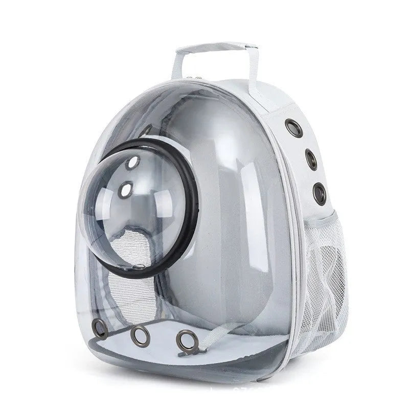 Grey PC plastic astronaut-style cat carrier bag with a side opening panel.