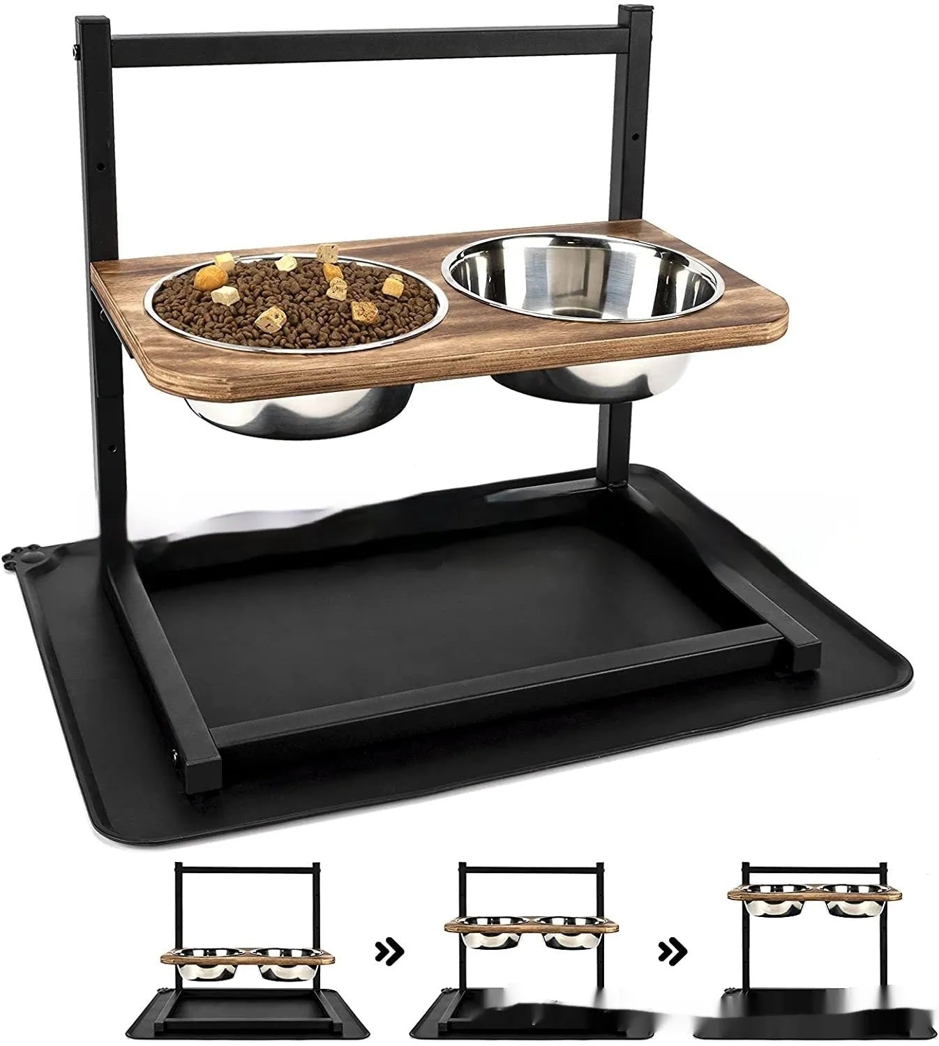 Black iron elevated dog food bowl stand with a height of 40cm.