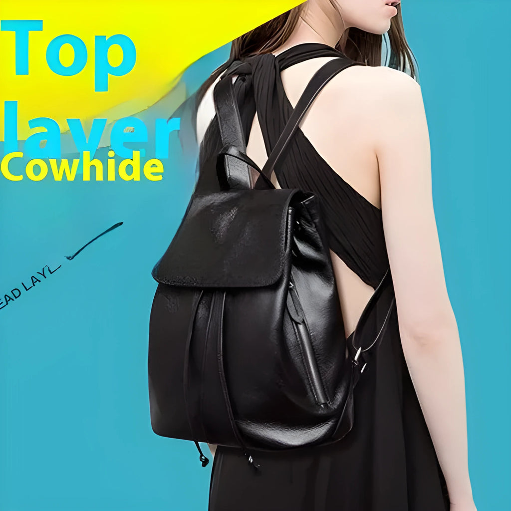 Black genuine leather women's backpack with multiple compartments and street style design