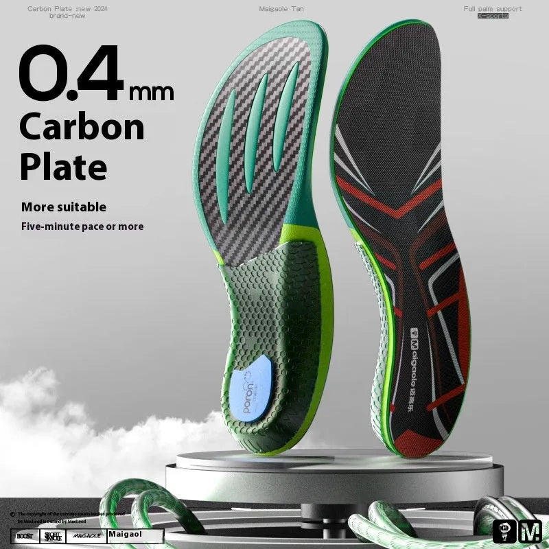 Unisex marathon racing insoles in green and red with carbon plate EVA PU gel cushioning