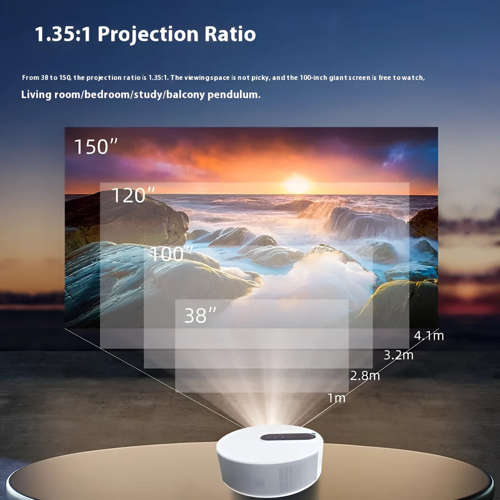 White smart HD home theatre projector with remote control on a wooden table.