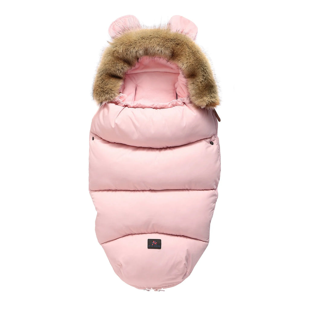 Convertible baby sleeping bag cocoon in a pram, showing cotton blend fabric and flannel lining.