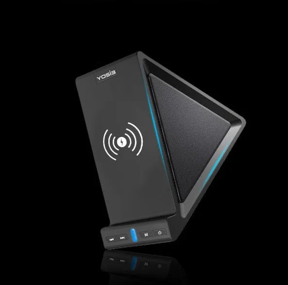 Black multifunctional Bluetooth speaker with phone stand and wireless charging ports.