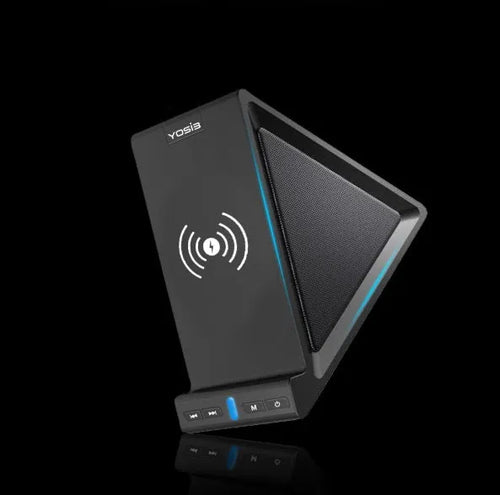 Black multifunctional Bluetooth speaker with phone stand and wireless charging ports.