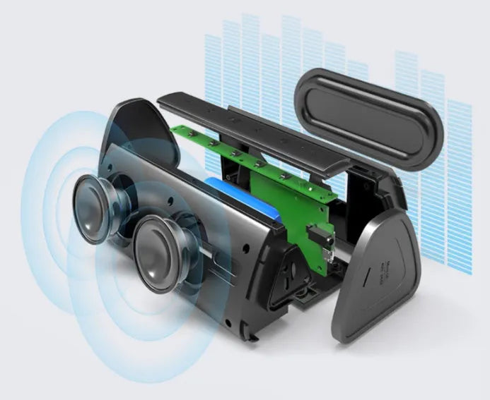 Waterproof outdoor speaker in black with plastic shell, 152x66x64mm, front view
