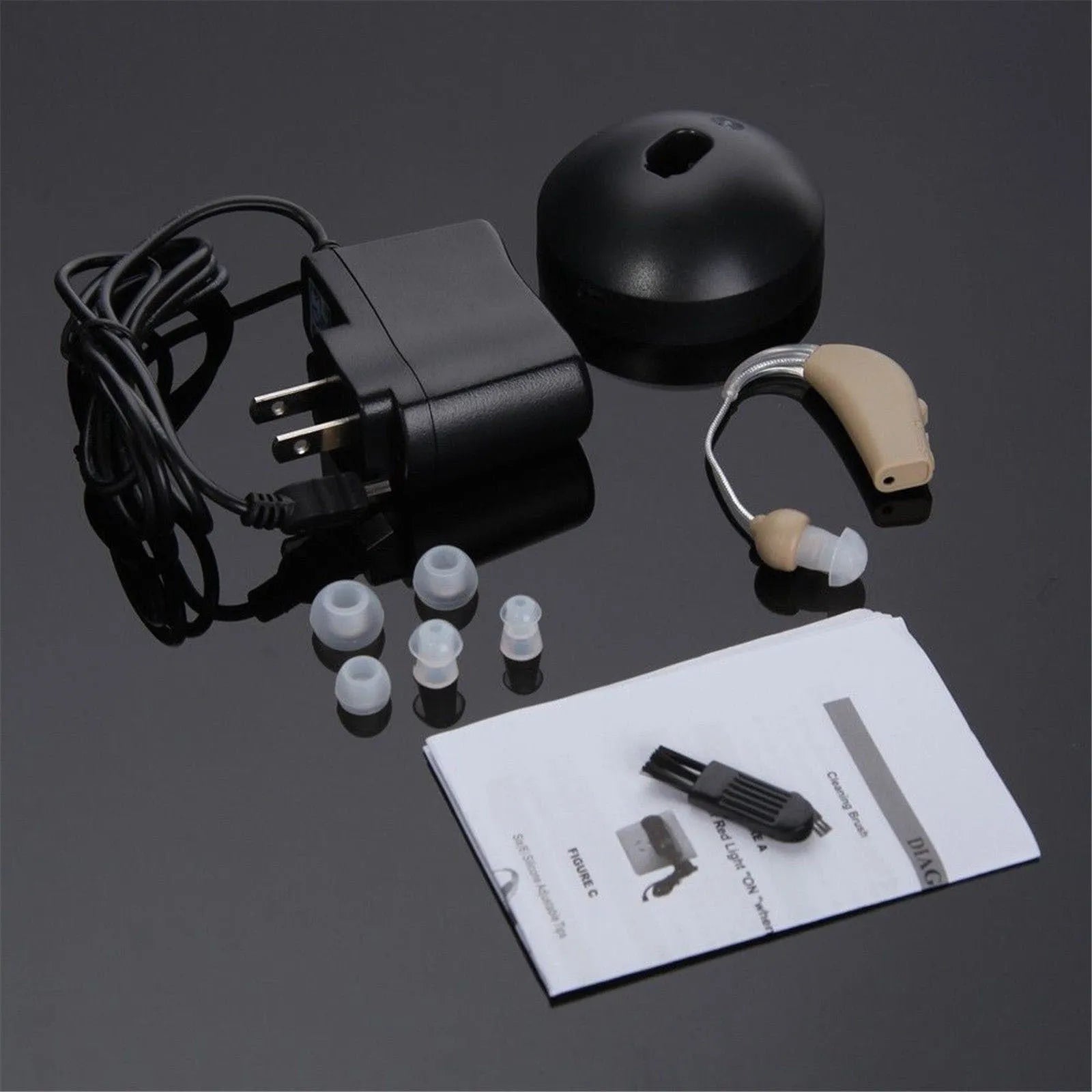 Rechargeable behind-the-ear digital hearing amplifier with mini sound tube and choice of EU or US plug.