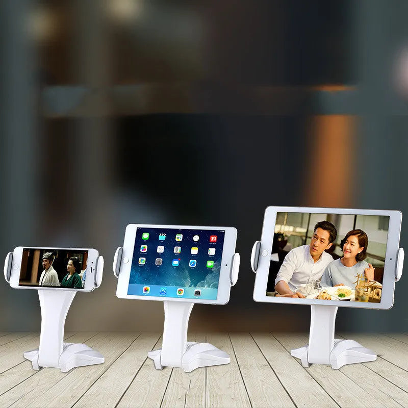 White adjustable tablet stand holding a tablet at 250mm height with clip stretching mechanism