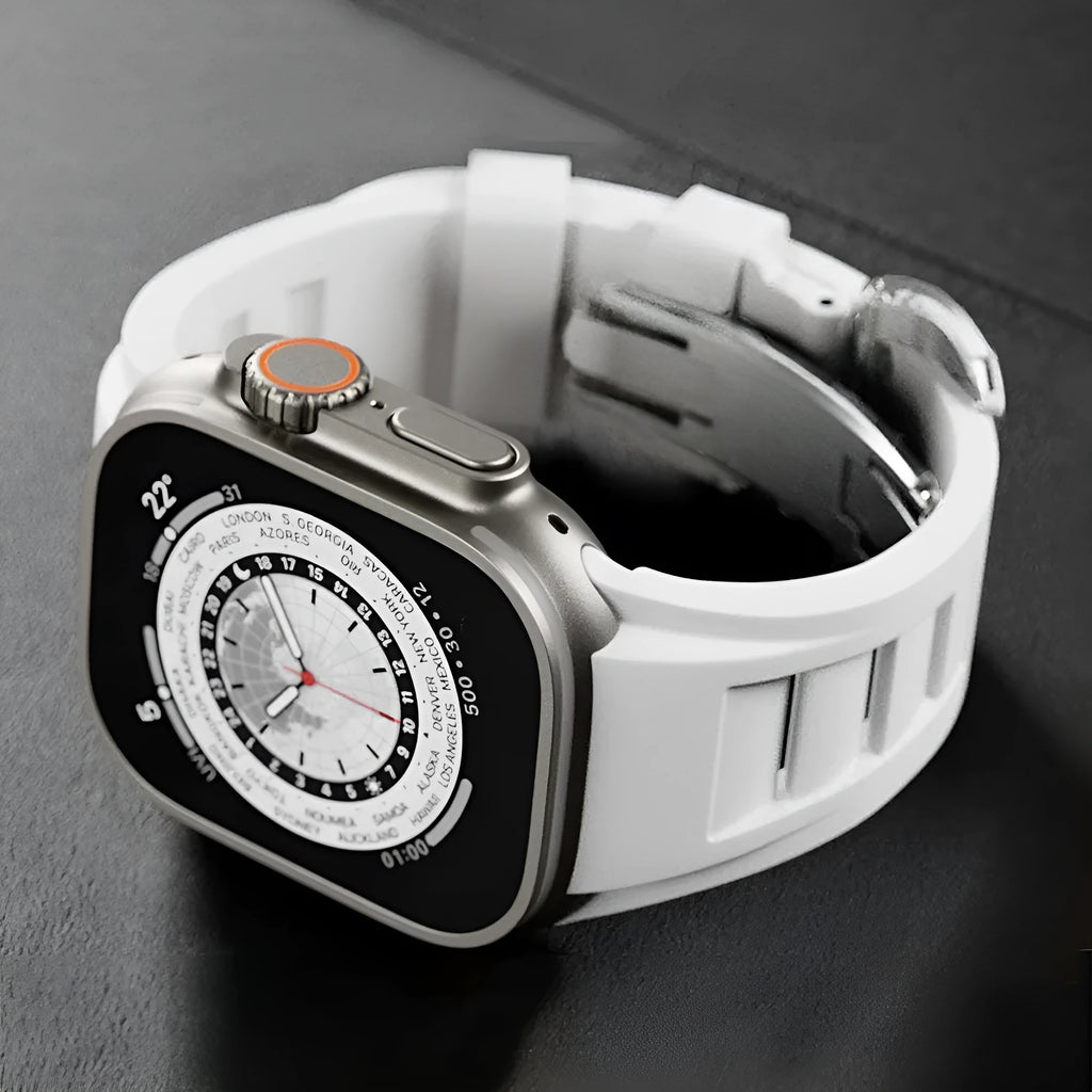 Orange liquid silicone watch strap with silver folding buckle for 42-49mm cases