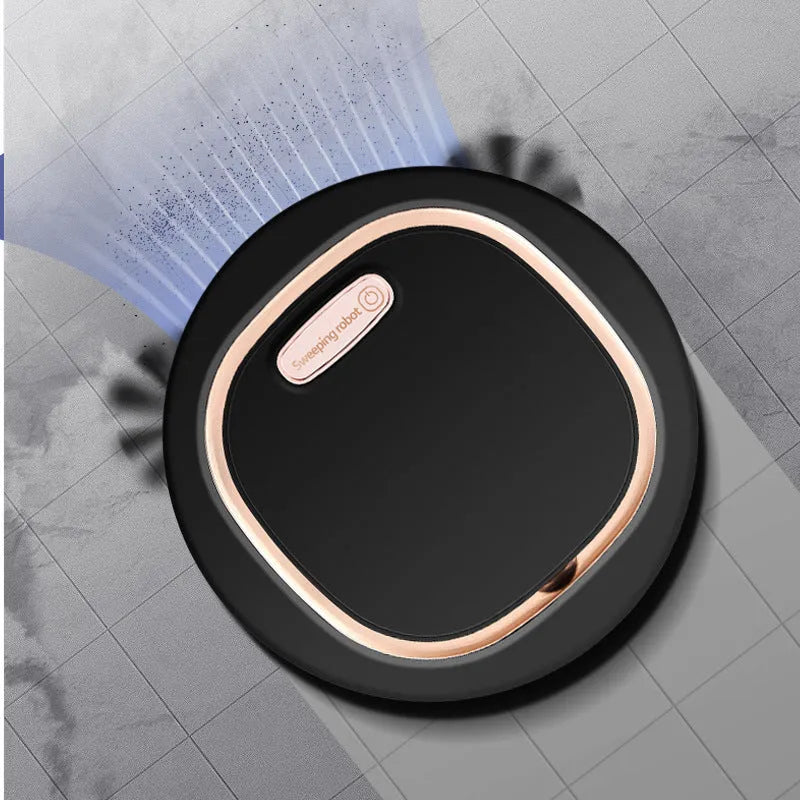 Blue and black intelligent sweeping robot vacuum cleaner on a hard floor with remote control