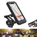 Black waterproof bicycle phone mount with magnetic suction on handlebar holding mobile device