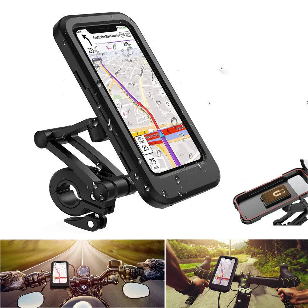 Black waterproof bicycle phone mount with magnetic suction on handlebar holding mobile device