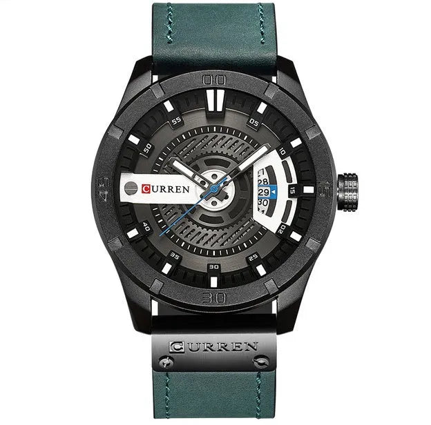 CURREN men's military sports watch with black shell case and brown leather band, 45mm dial showing date
