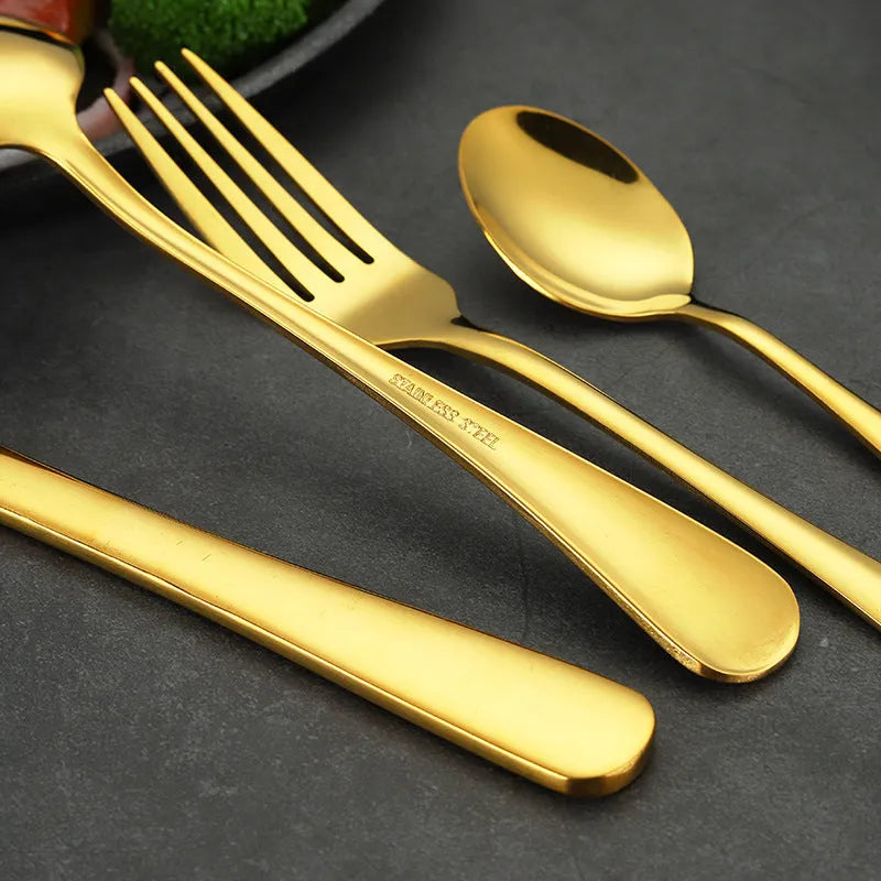 24-piece stainless steel cutlery set for six place settings showing knife, fork, and spoon options in different colour finishes.