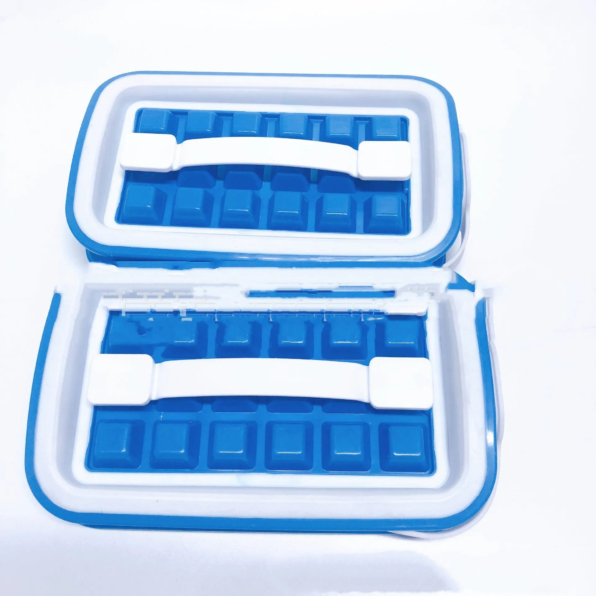 Blue silicone ice cube tray with 36 square cavities and a lid on a wooden table