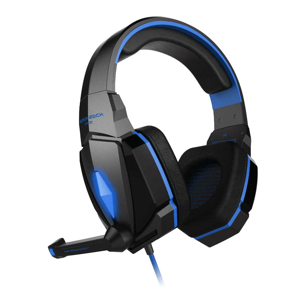 Wired esports gaming headset with memory foam ear pads and microphone in black and blue