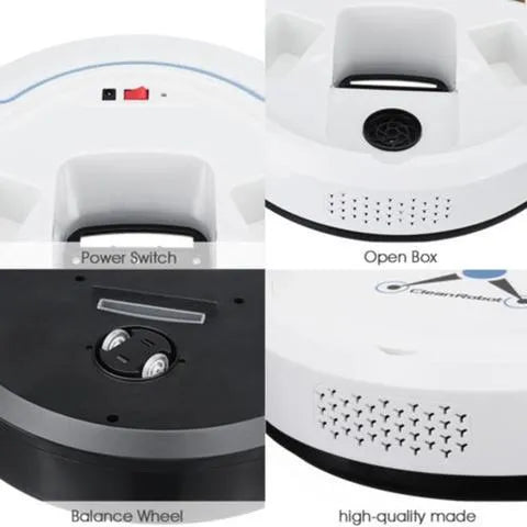 Smart robot vacuum cleaner in white, 22.8cm diameter, ABS construction, with obstacle sensors