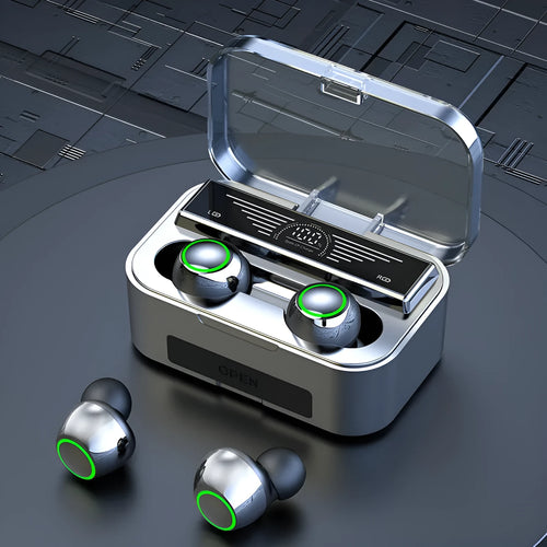 Black sports TWS Bluetooth earbuds with touch controls, shown in a charging case.