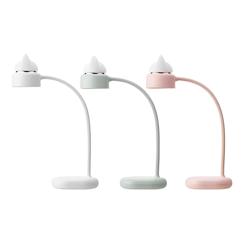 White clip-on LED desk lamp with a modern design, showing the touch control and built-in battery.