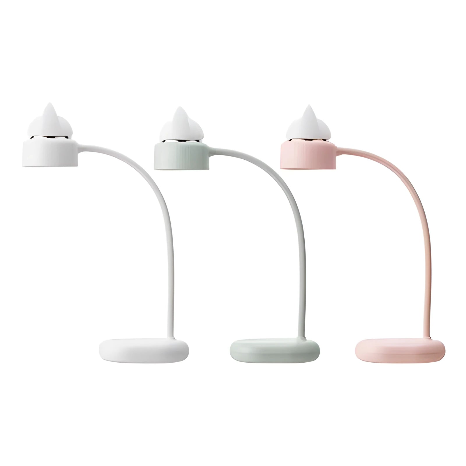White clip-on LED desk lamp with a modern design, showing the touch control and built-in battery.
