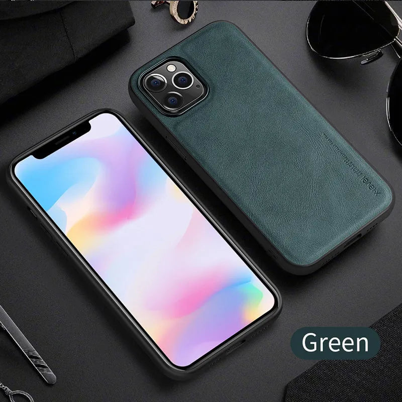 Black PU leather iPhone 12 phone case with soft TPU sides on a wooden table.