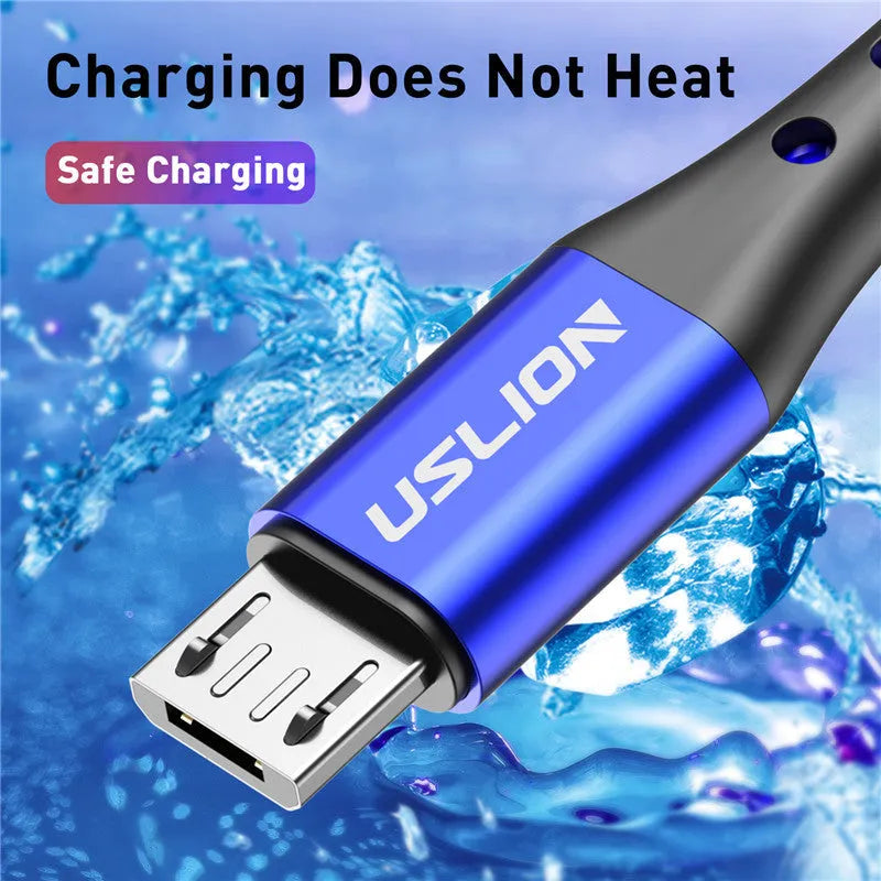 Nylon braided Micro USB charging cable in Black with alloy joint, 3A fast charging support, on a white background