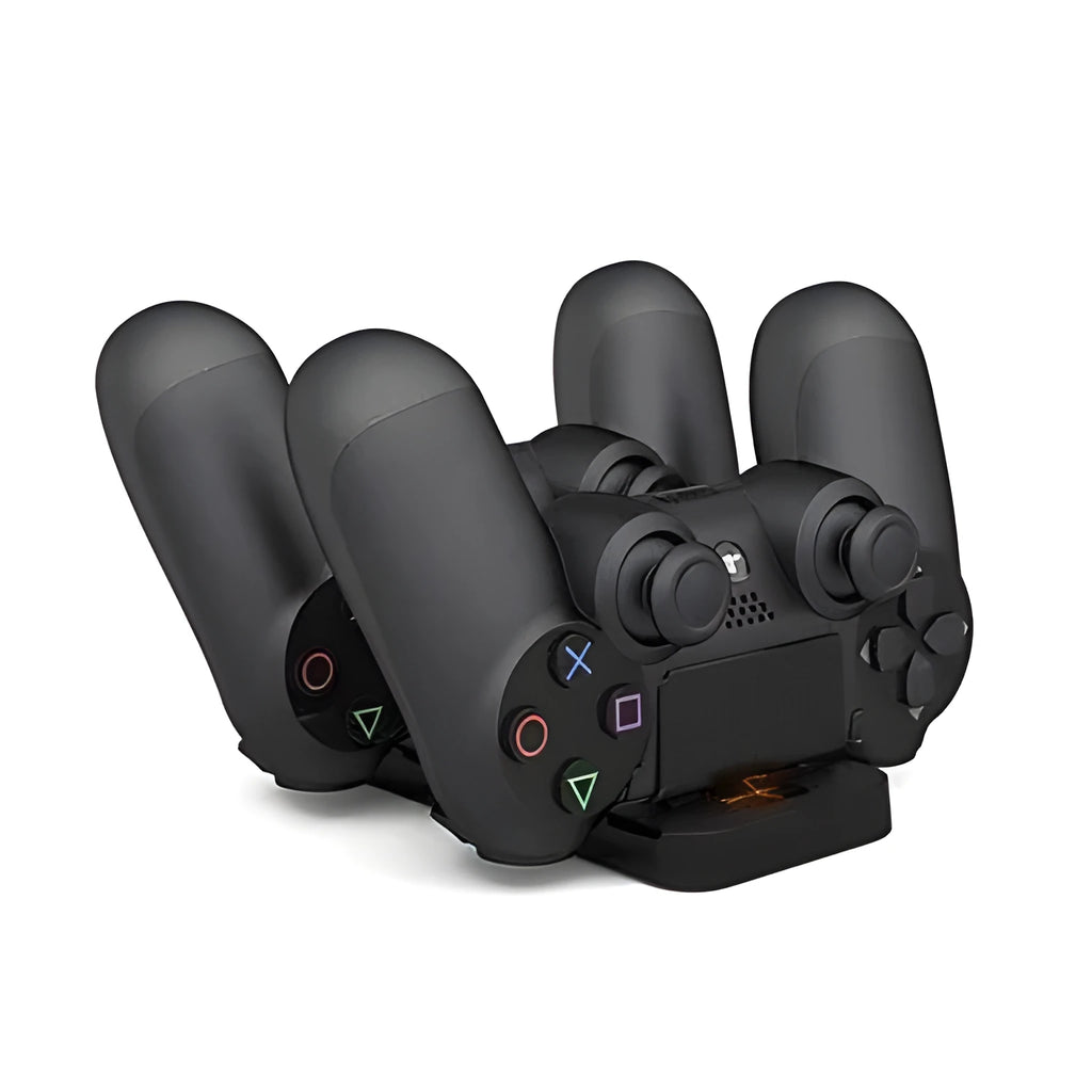 PS4 dual charger station charging two black controllers on a grey stand with USB cable