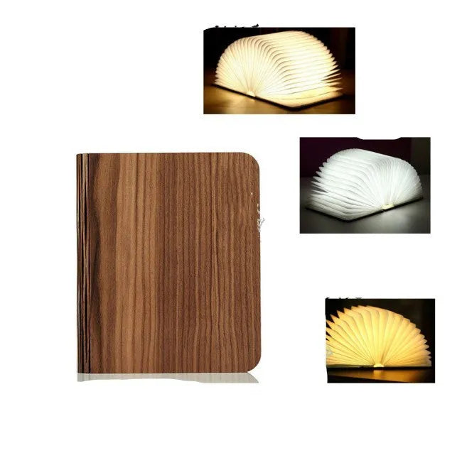 Solid wood book light in three sizes with USB cable showing white and warm white light options